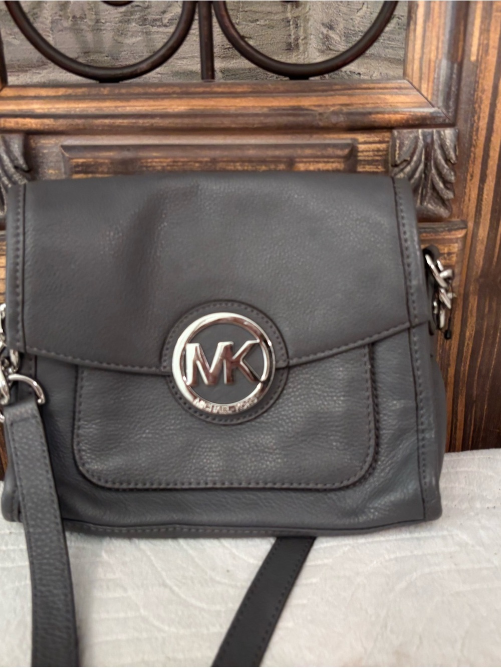 Michael Kors Charcoal Gray Leather Crossbody with Silver MK Emblem